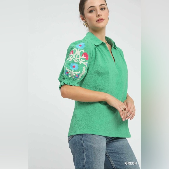 Umgee Seersucker Embroidered Sleeve Blouse - Picture 3 of 6